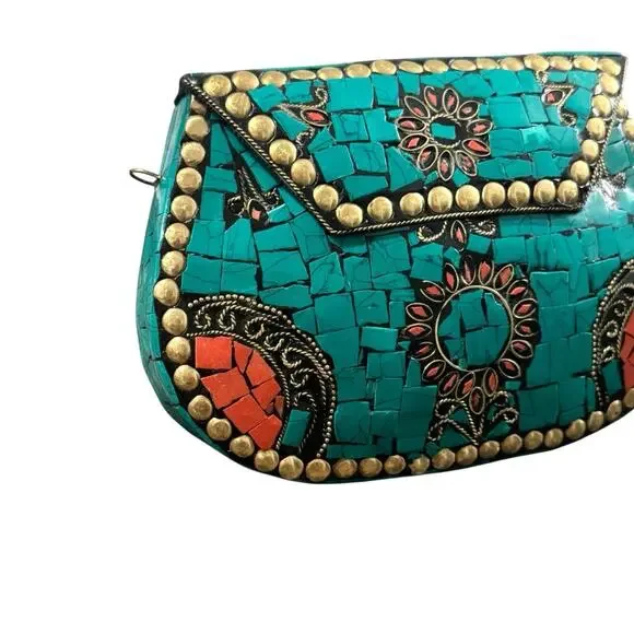 Ramla Handmade Moroccan Turquoise Tile Mosaic Clutch Crossbody with Gold Chain - Picture 2 of 9